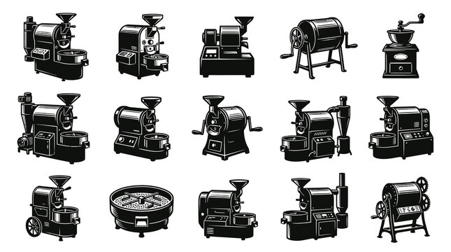 Coffee Industry Black  White Vector Glyphs: Vintage Engraving Style Coffee Roasters, Grinders  Processing Machines