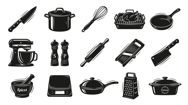 Black  White Kitchen Utensils and Cooking Appliances Vintage Engraving Style Vector Set
