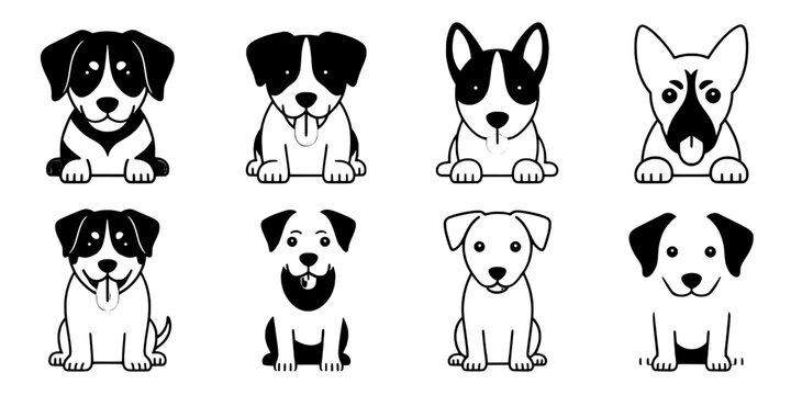 Dog Cartoon Character Set with Cute Faces and Different Breeds for Kids, Stickers, and Nursery Decor Backgrounds