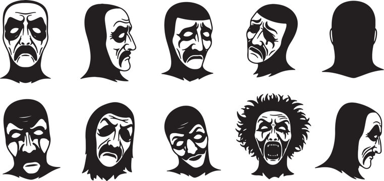 Collection of black and white silhouette illustrations showing various theatrical tragedy masks and melancholic character heads in profile and front view on a white background.