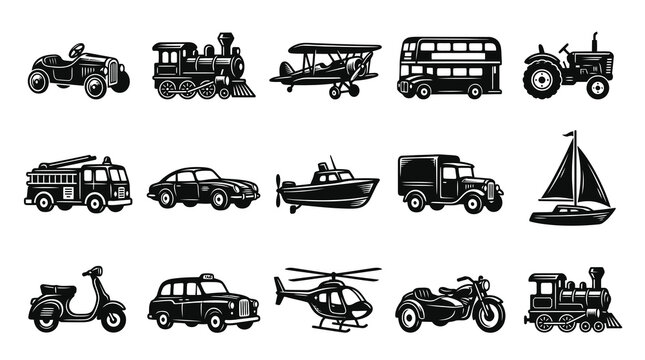Black and White Vector Icons of Various Transportation Vehicles