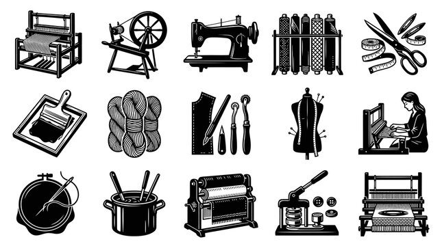 Black and White Vector Icons of Sewing and Weaving Tools, Craft Supplies