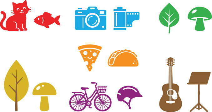 Colorful Lifestyle and Nature Vector Icon Set Featuring Pairs of Cat Fish Camera Film Leaf Mushroom Pizza Taco Bicycle Helmet and Guitar