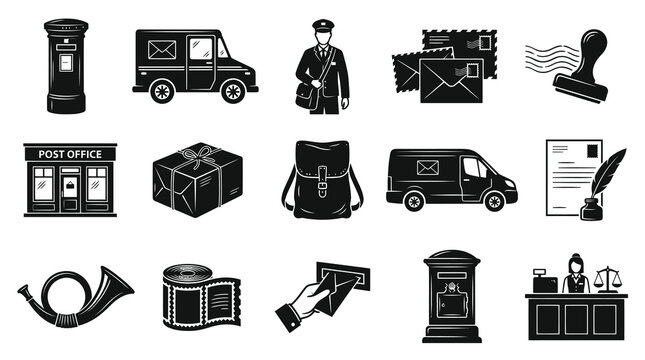 Postal Service and Mail Communication Black and White Glyph Icon Set