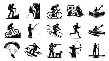 Fototapeta premium Outdoor Recreation Sports Adventure Activities Vector Silhouette Icons Set - Black White Glyph Art