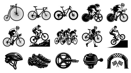 Naklejka premium Cycling and Bicycle Sport Icons Set in Black and White Line Art Style - Race Gear and Rider Vectors