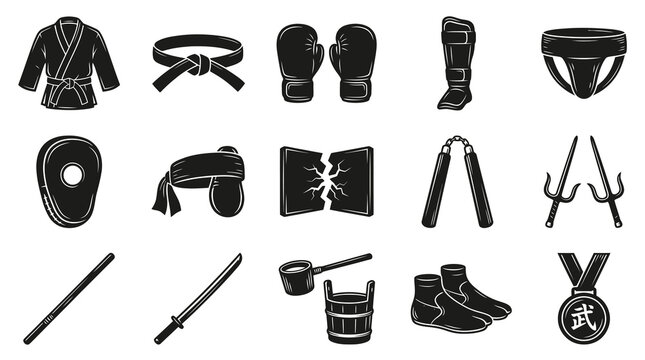 Black and White Icons of Martial Arts Equipment and Gear