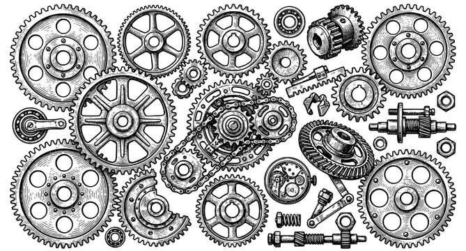 Intricate vintage mechanical gears and components engraving steampunk style technical illustration