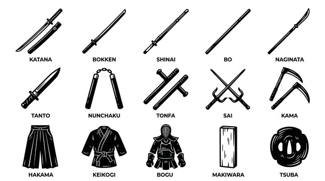 Japanese Martial Arts Weapons, Attire, and Training Equipment - Black  White Solid Glyph Icons