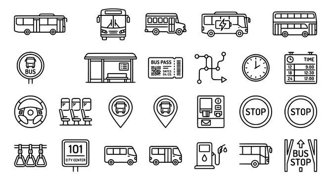 Public transportation icons set buses stations schedules and related elements in linear style