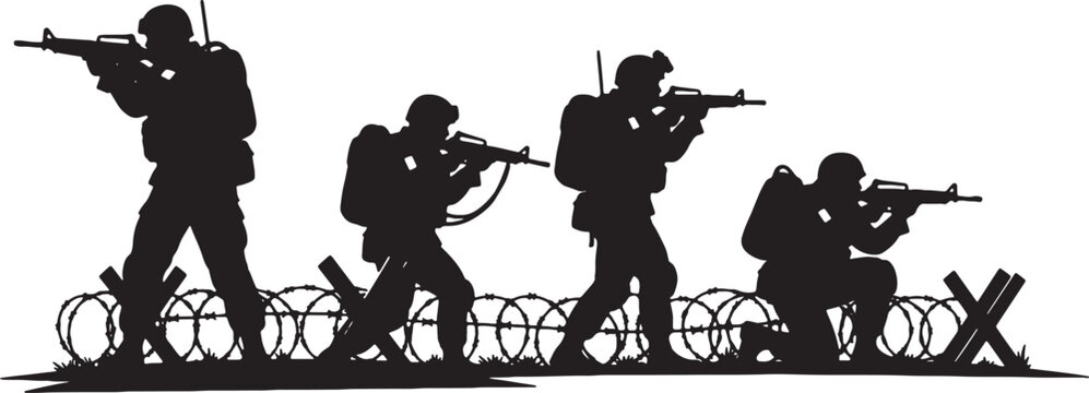 Silhouette illustration of four soldiers in tactical gear with rifles, navigating a battlefield with barbed wire and tank traps, isolated on white background for military design.
