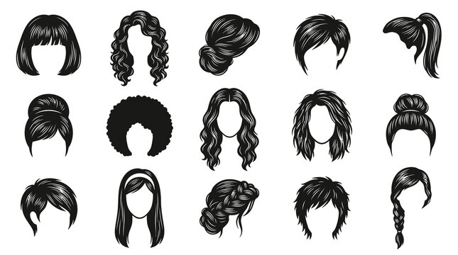 Set of Female Hairstyles Black and White Vector Line Art for Beauty, Fashion  Salon Design
