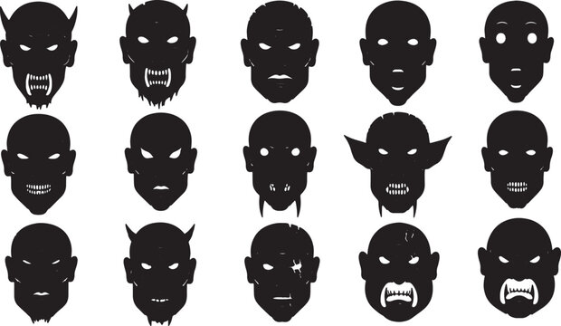 Collection of 15 black silhouette illustrations of various scary monster, demon, and creature faces with fangs, horns, and glowing eyes, isolated on a solid white background.