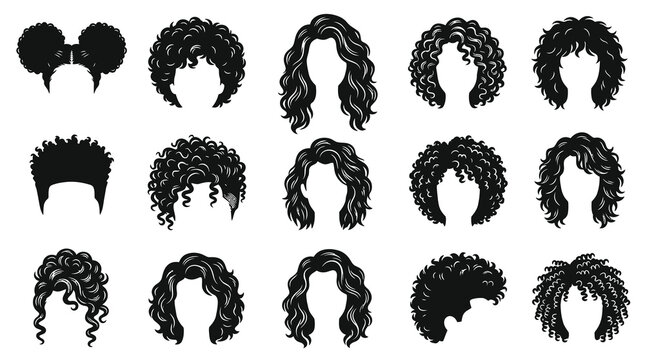Black  White Vector Icons of Curly Hairstyles, Afro, and Wigs