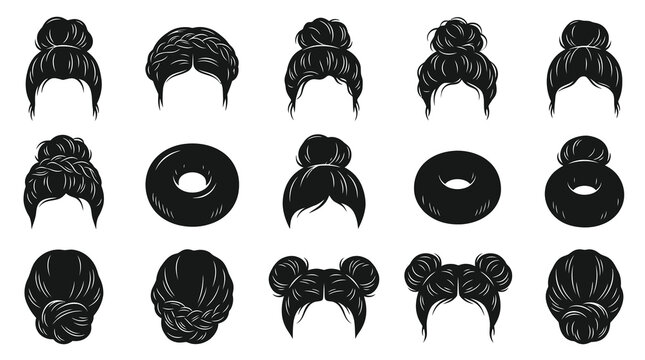 Black  White Vector Icons of Various Woman Hairstyles, Buns  Braids