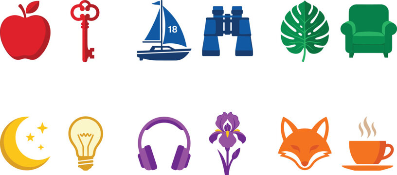 Conceptual Vector Icon Set Featuring Pairs of Apple Key Sailboat Binoculars Monstera Leaf Armchair Moon Lightbulb Headphones Iris Flower Fox and Coffee Cup