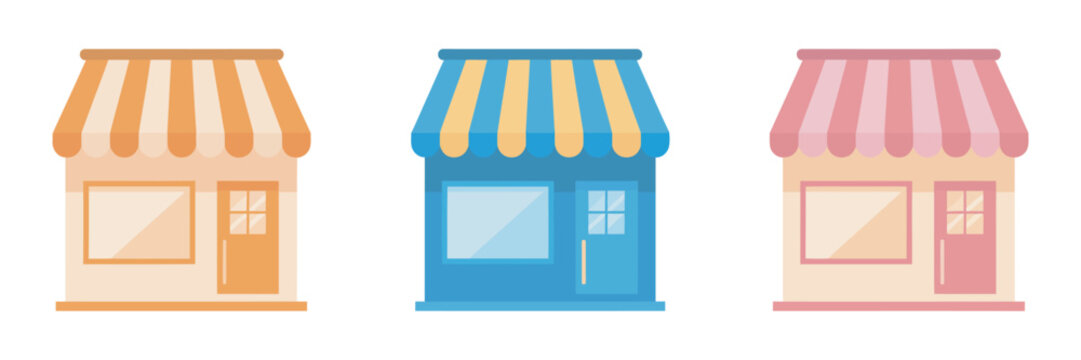 Set of colorful striped market shop awnings with doors, storefront canopy vector illustration collection, retail market stalls isolated design elements