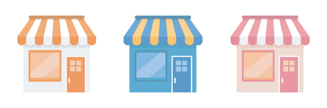Set of colorful striped market shop awnings with doors, storefront canopy vector illustration collection, retail market stalls isolated design elements