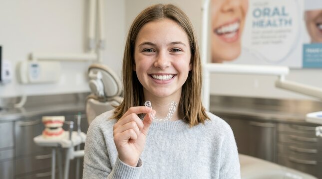 Smiling teenage girl holding a clear orthodontic aligner in a dental clinic, demonstrating invisible plastic braces used for teeth correction. 