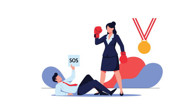 Powerful businesswoman in boxing gloves standing over defeated businessman holding SOS sign to represent gender competition and success.