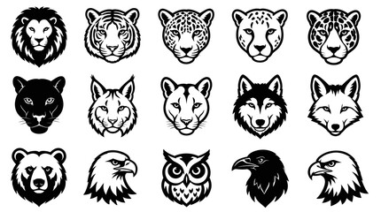 Obraz premium Black White Line Art Animal Head Vector Collection. Iconic Wildlife Mascots, Emblems, Logos and Design Elements