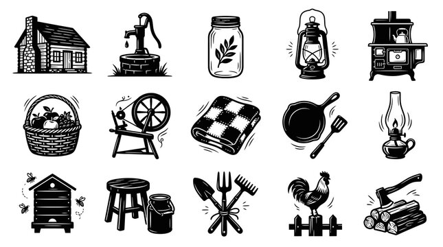 Black and White Line Art Icons of Rural Farm Life and Vintage Objects