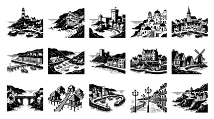 Obraz premium Black and White Line Art Vector Illustrations of Coastal Villages and Towns