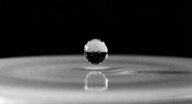 Monochrome still life: water drop suspended above surface with reflection