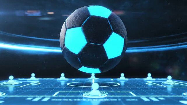 Soccer ball spinning with futuristic digital field and glowing neon lines during a motion graphic sequence
