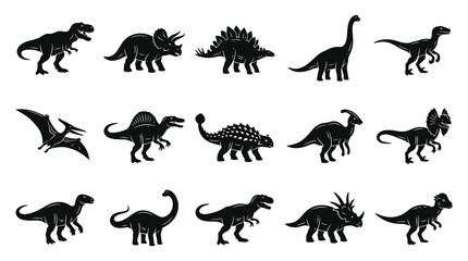 Obraz premium Prehistoric Dinosaurs and Pterosaurs Vector Silhouettes Set - Ancient Reptiles Glyph Icons Collection