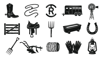 Obraz premium Farming, Ranching Western Agriculture Black White Glyph Icons Set of Tools Equipment
