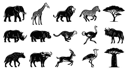 Obraz premium African Safari Animals Black and White Vector Illustrations Set