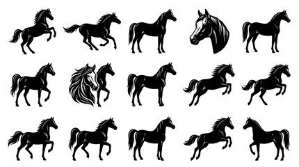 Fototapeta premium Black and White Silhouette Horses Vector Set - Dynamic Equestrian Line Art and Animal Illustration Collection