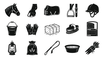 Black and White Vector Icons of Horse Riding Equipment and Farm Objects