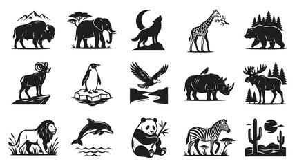 Fototapeta premium Black and White Vector Icons of Wild Animals and Nature in Various Art Styles