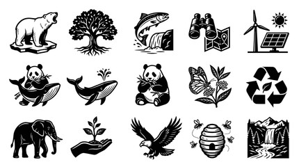Obraz premium Black and White Icons of Nature and Wildlife, Eco-friendly Symbols
