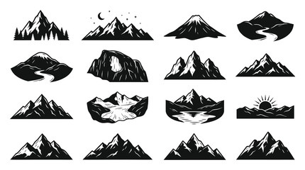Fototapeta premium Mountain Landscapes Icons Set, Nature Scenery Vector Art