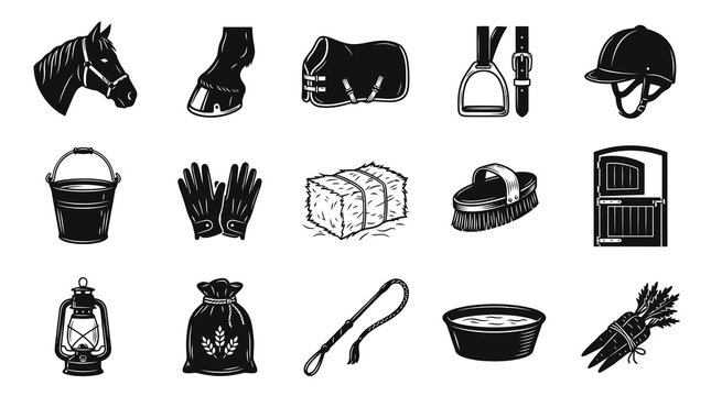 Black and White Vector Icons of Horse Riding Equipment and Farm Objects