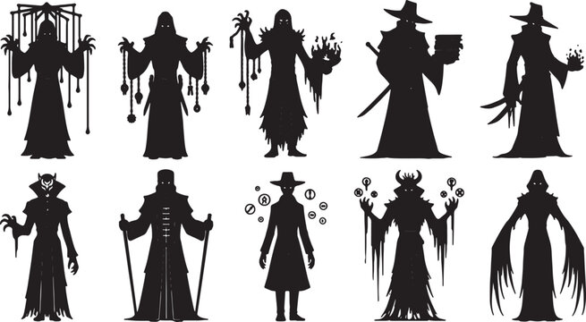 Vector-style collection of ten dark fantasy character silhouettes featuring necromancers, sorcerers, cultists, and shadow mages with magical artifacts isolated on white background.