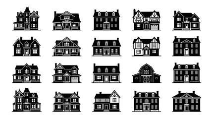 Naklejka premium Architecture, Real Estate, Home Industry: Black and White Flat Glyph House Icons Set Collection