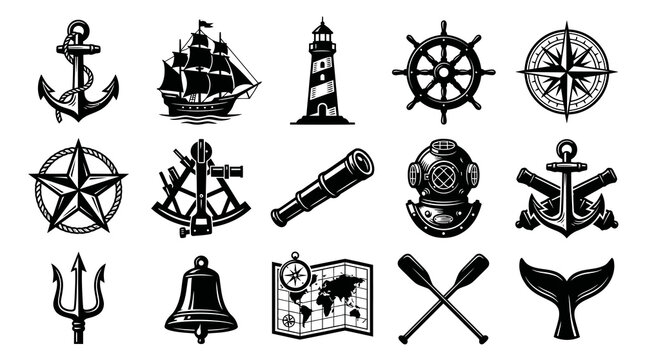Nautical Symbols Set, Vintage Marine Icons, Vector Art