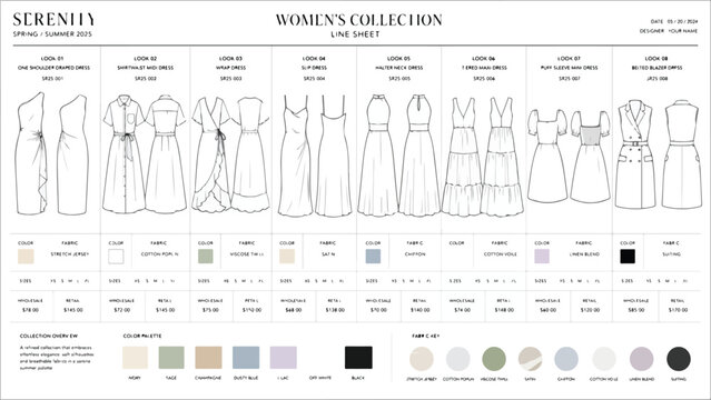 Fashion line sheet template for women's collection, apparel technical sketches and garment flat drawings, professional clothing production catalog