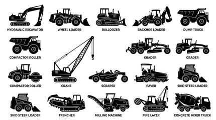 Obraz premium Black and White Vector Icons of Construction Heavy Machinery on White Background