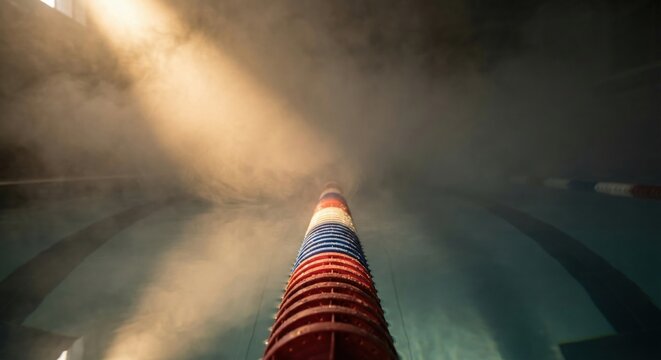 Abstract underwater view of swimming pool lane divider in misty, atmospheric indoor pool