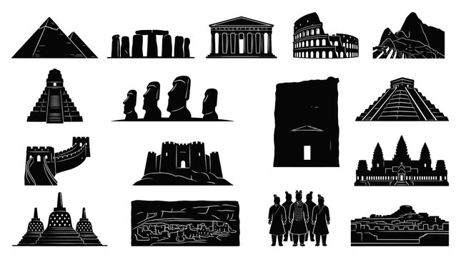 Black  White Vector Icons of Famous World Landmarks and Architecture