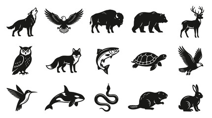 Obraz premium Black White Vector Glyph Icons of Wild Animals for NatureWildlife Industry
