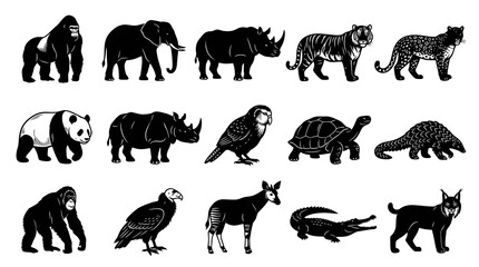 Fototapeta premium Black and White Line Art Collection of Diverse Wild Animals Vector