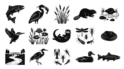 Obraz premium Freshwater Wildlife Nature Vector Icons Set - River Animals, Plants, Fish, Birds Insects Glyphs