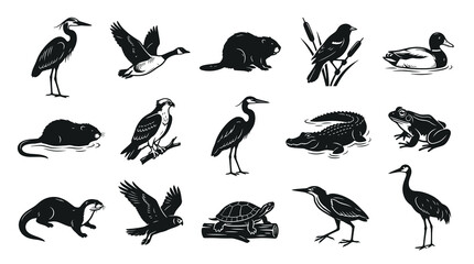 Obraz premium Black and White Vector Icons of Wildlife Animals and Birds