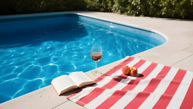 Relaxing summer scene with a book and wine by the swimming pool.